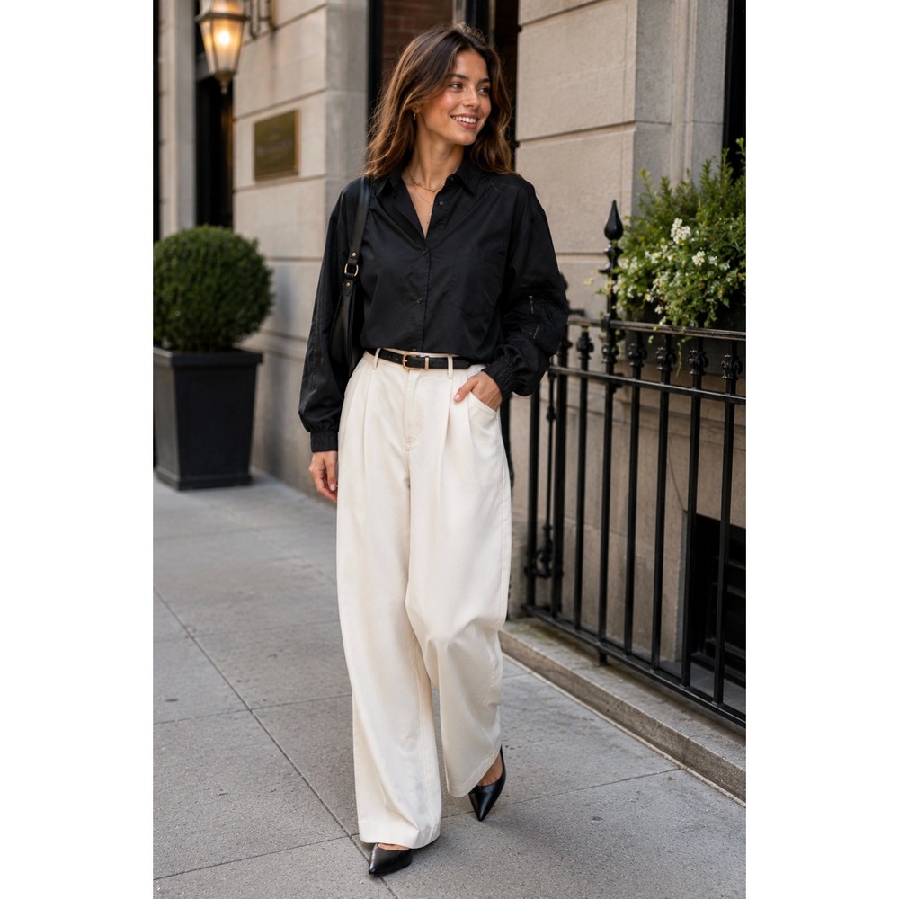 ZARA Black Cropped Pocket Shirt Gathered Long Sleeves Buttondown Solid Small